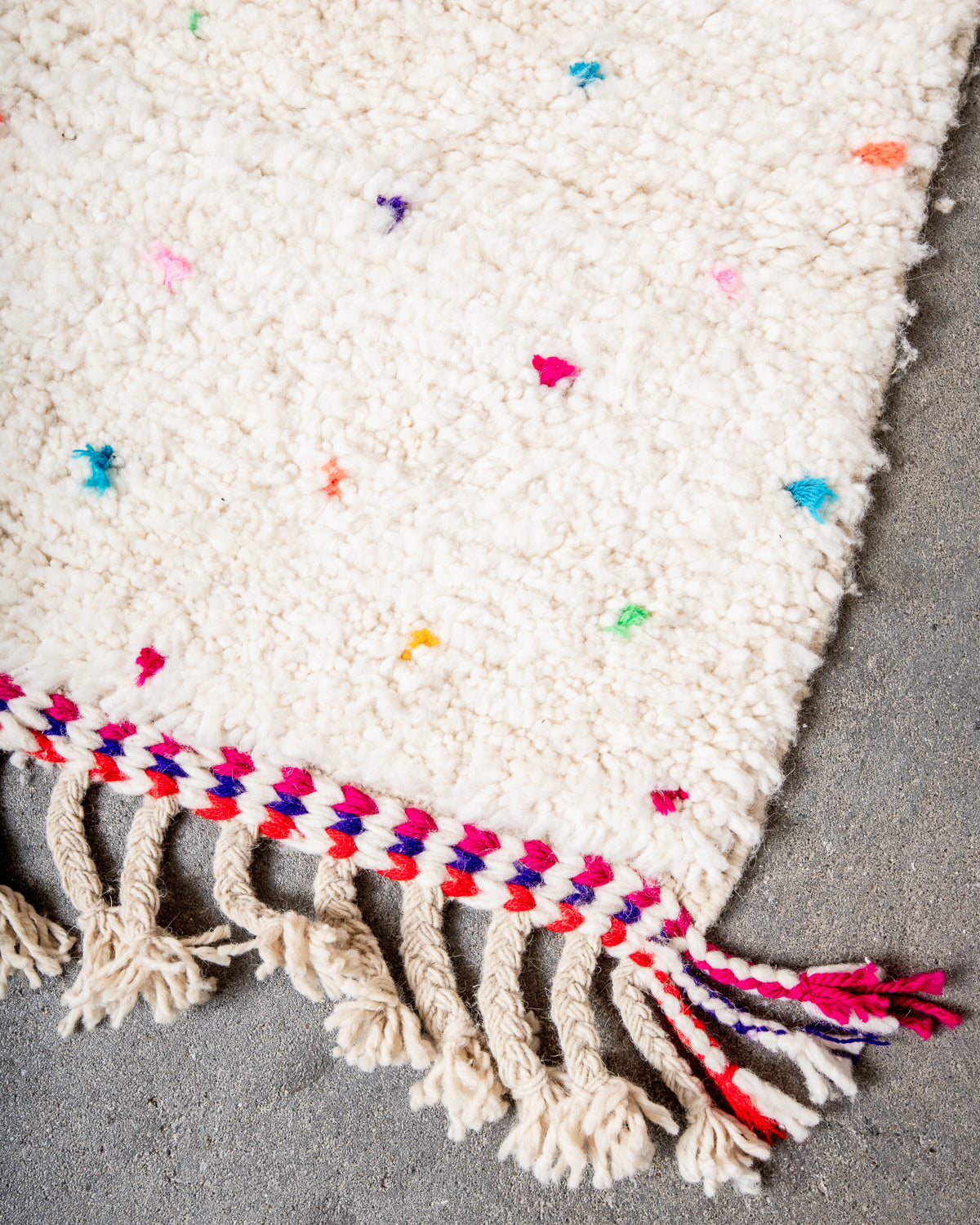 Modern, designer, handcrafted Berber rug from Morocco. Beniourain carpet with beautiful colours and patterns and fluffy wool texture.